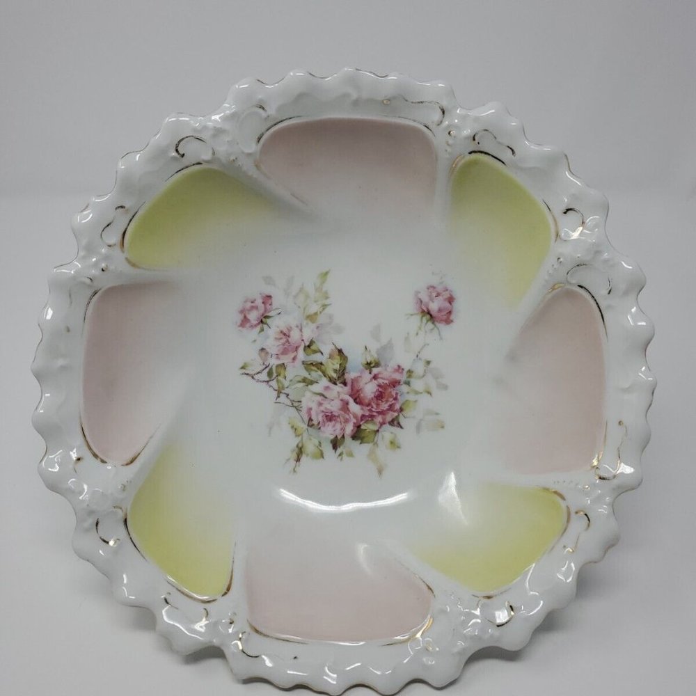 Antique MZ Austria Moritz Zdekauer Porcelain Master Berry Bowl Flowers 10" Mint